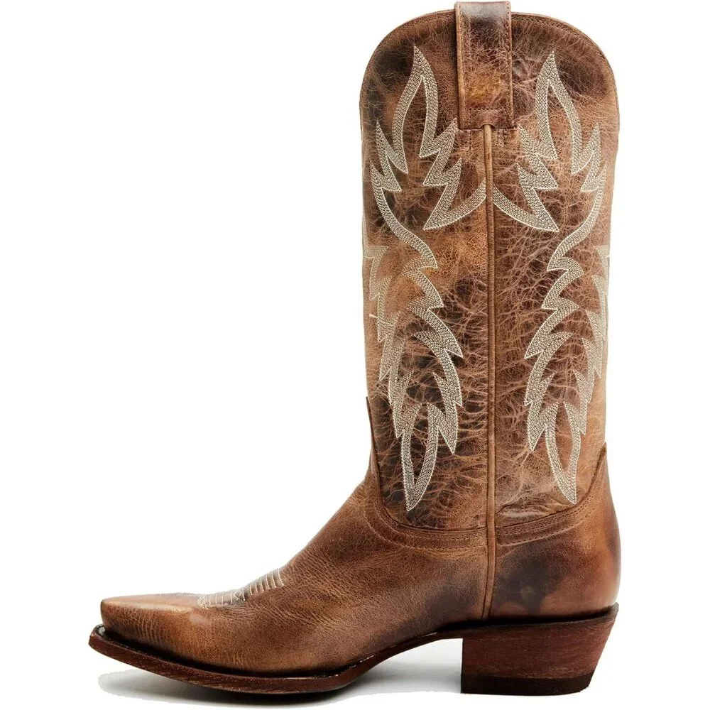 Women's Embroidered Chunky Heel Mid Calf Pointed Toe Pull On Cowgirl Boot Tan - Picture 4 of 6